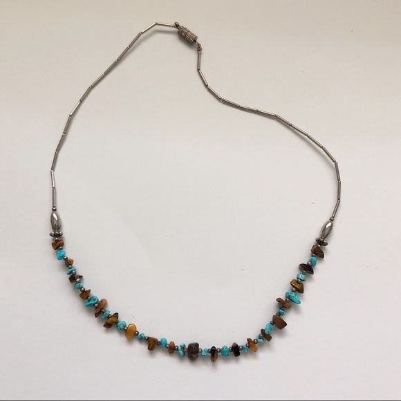 Turquoise Tiger Eye Liquid Silver Necklace - Picture 4 of 7